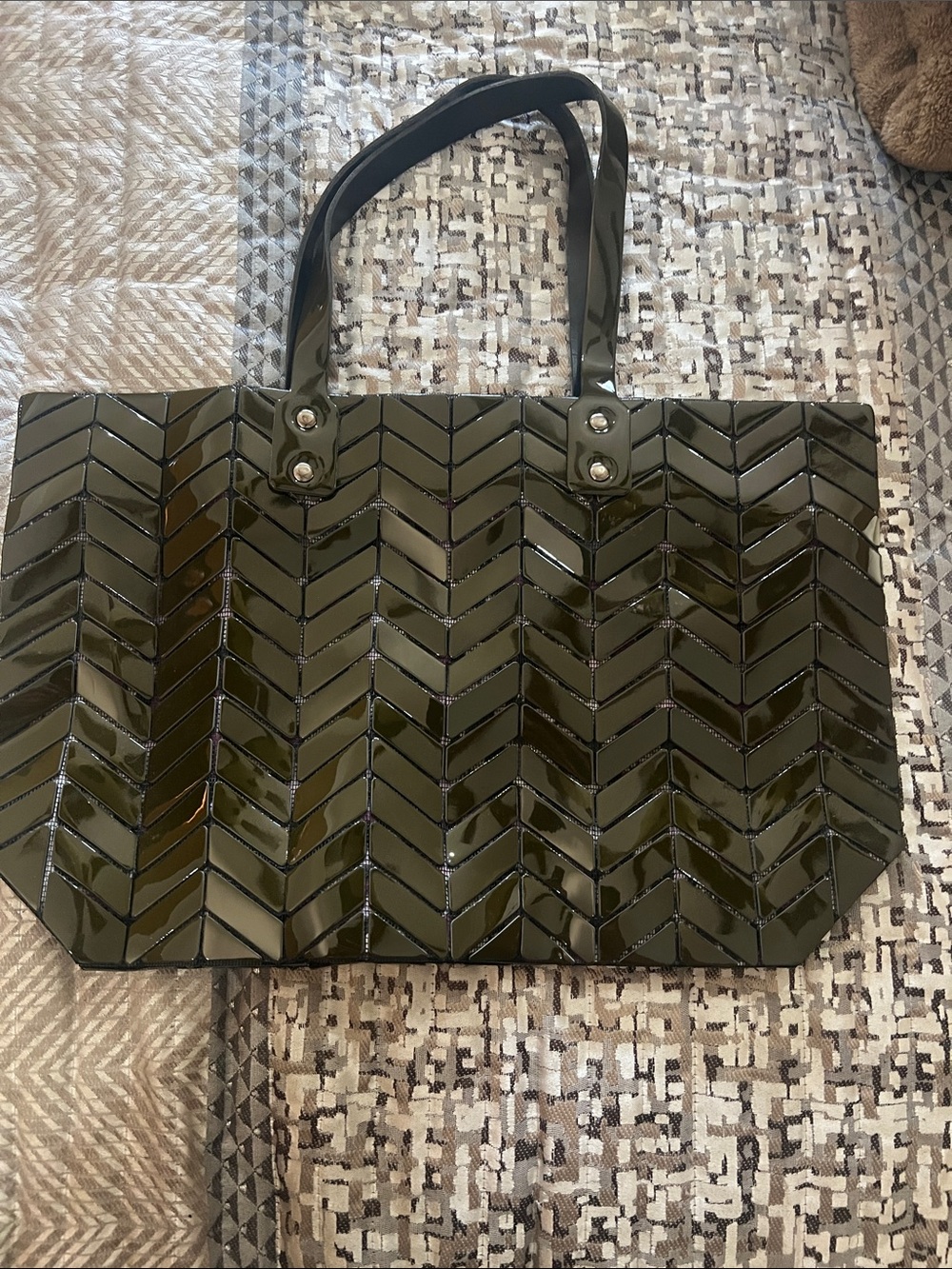 Patrizia Luca Olive Green Chevron Patent Tote